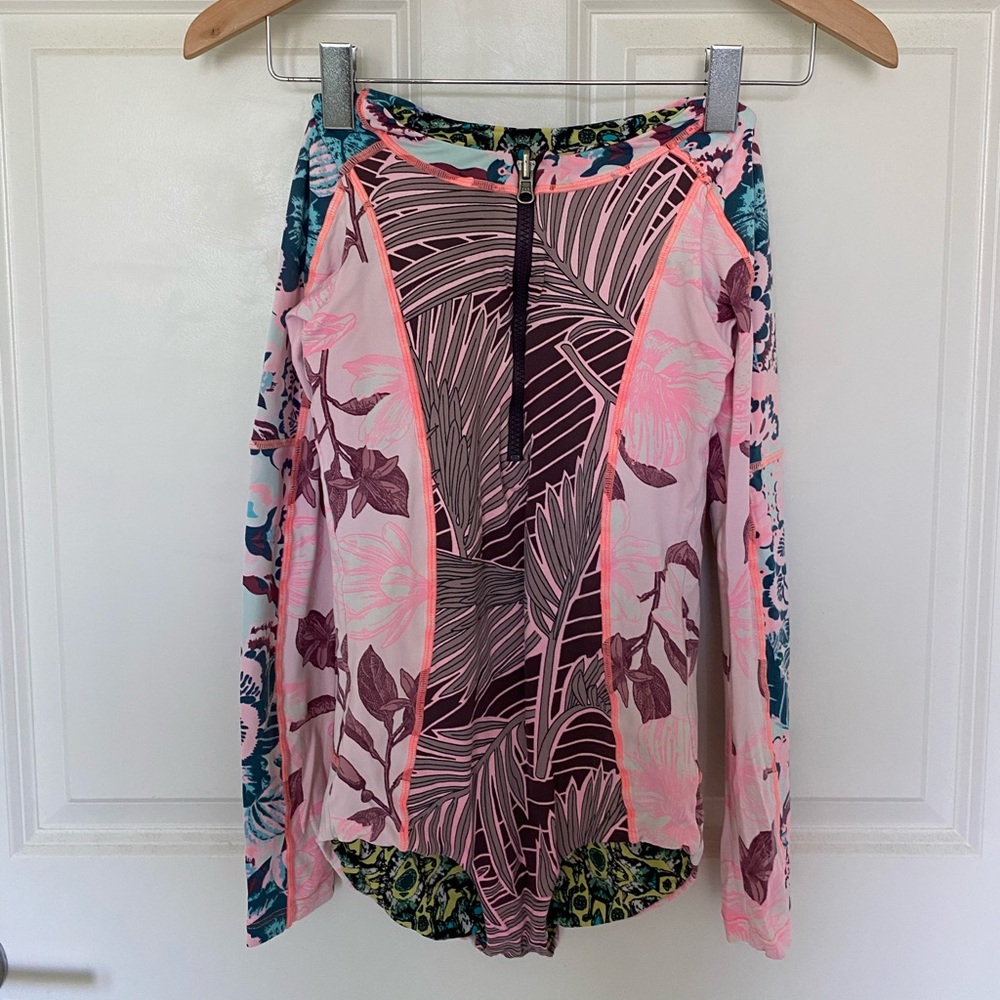 Maaji Girls Pink Teal Floral One-Piece Swimsuit rash guard great for surfing